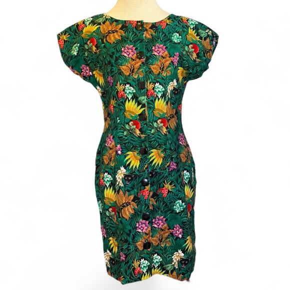 TRUE Vintage Handmade Button Front Sheath Dress Sz XS Jungle Jaguar Floral Birds - Picture 1 of 6